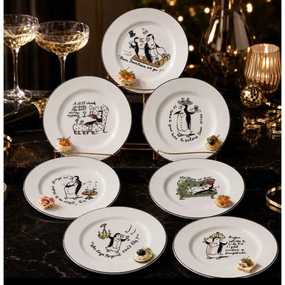 Vintage Pottery Barn Tipsy Penguins Plates Set of 7 Cocktail Dessert Japan